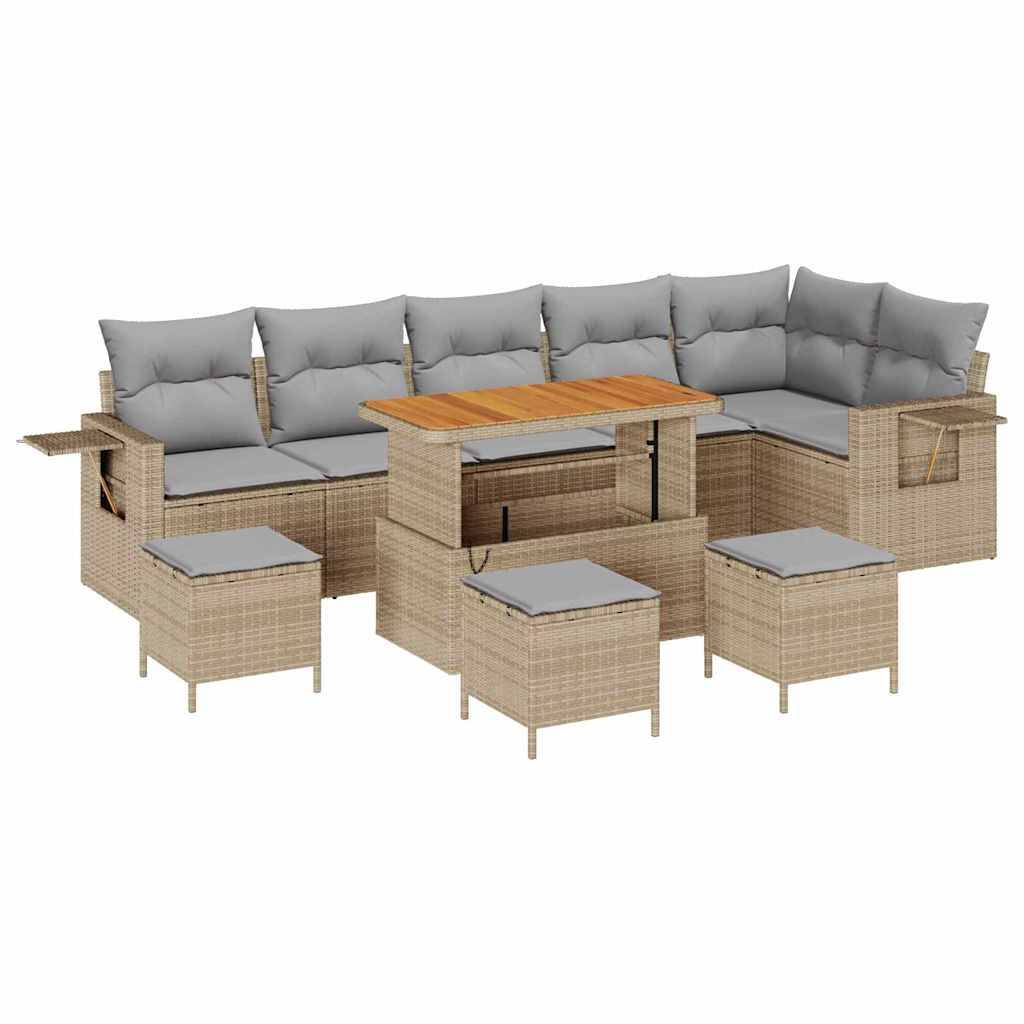Rattan Outdoor-Möbelset mit grauen Kissen, bestehend aus einem Ecksofa, einem Esstisch und Hockern.