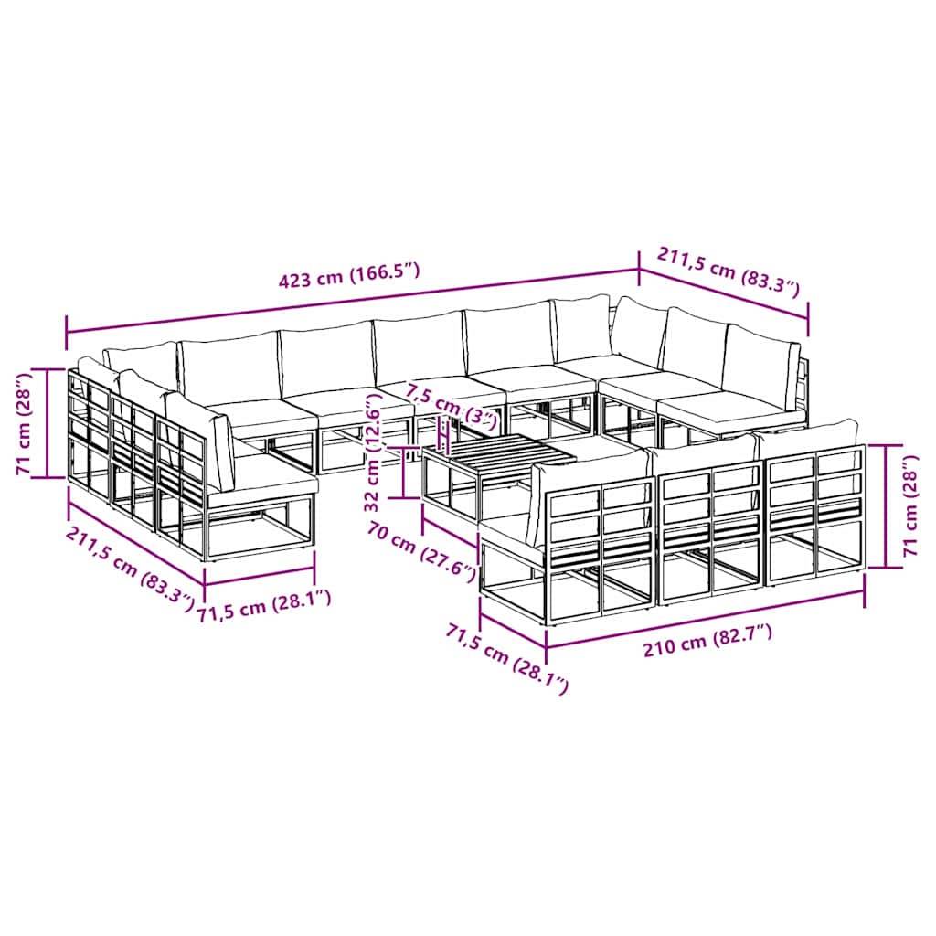 vidaXL Gartensofa-set mit Kissen 14 pcs Schwarz Aluminium