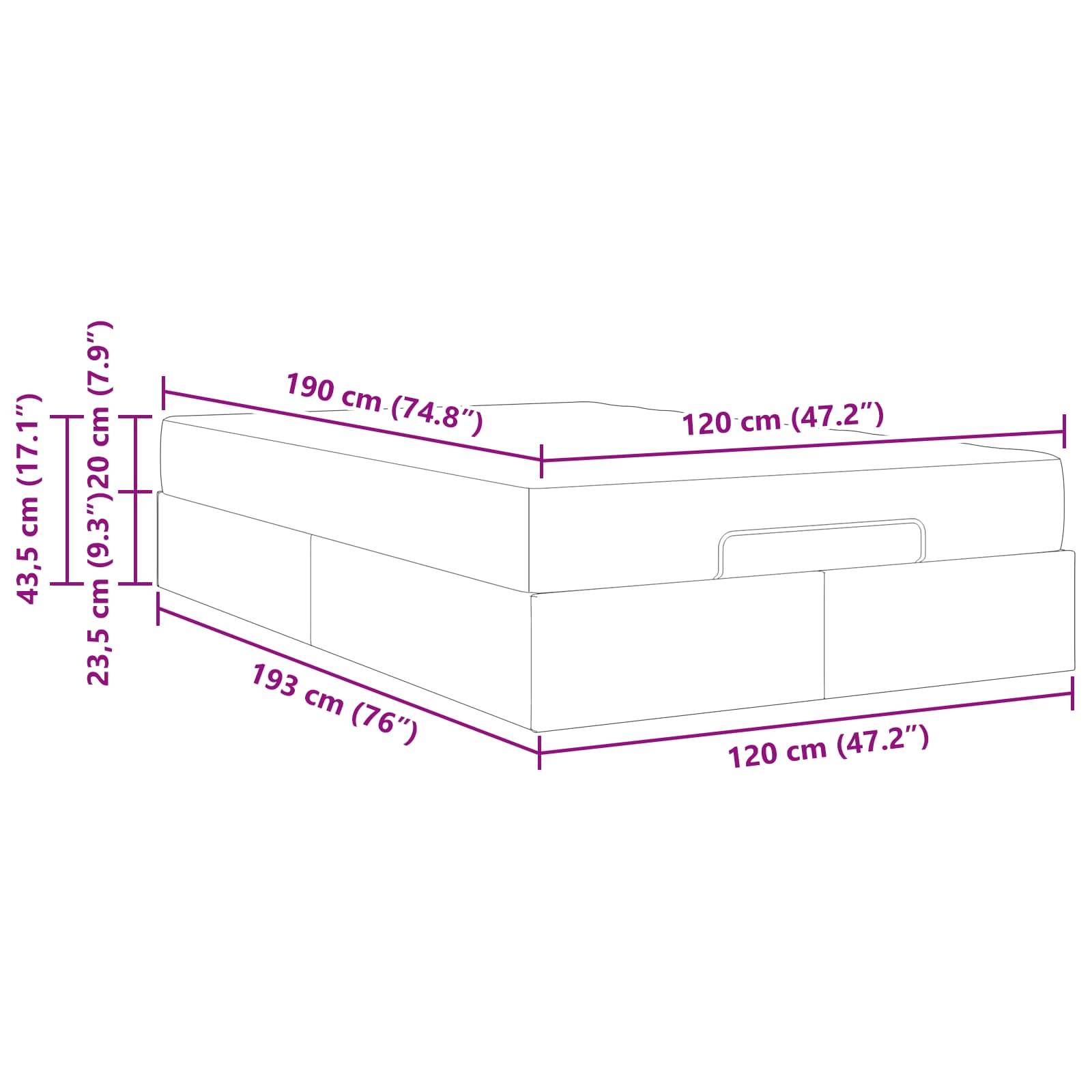 Illustration eines Bettes mit beschrifteten Abmessungen: Länge 190 cm (74,8