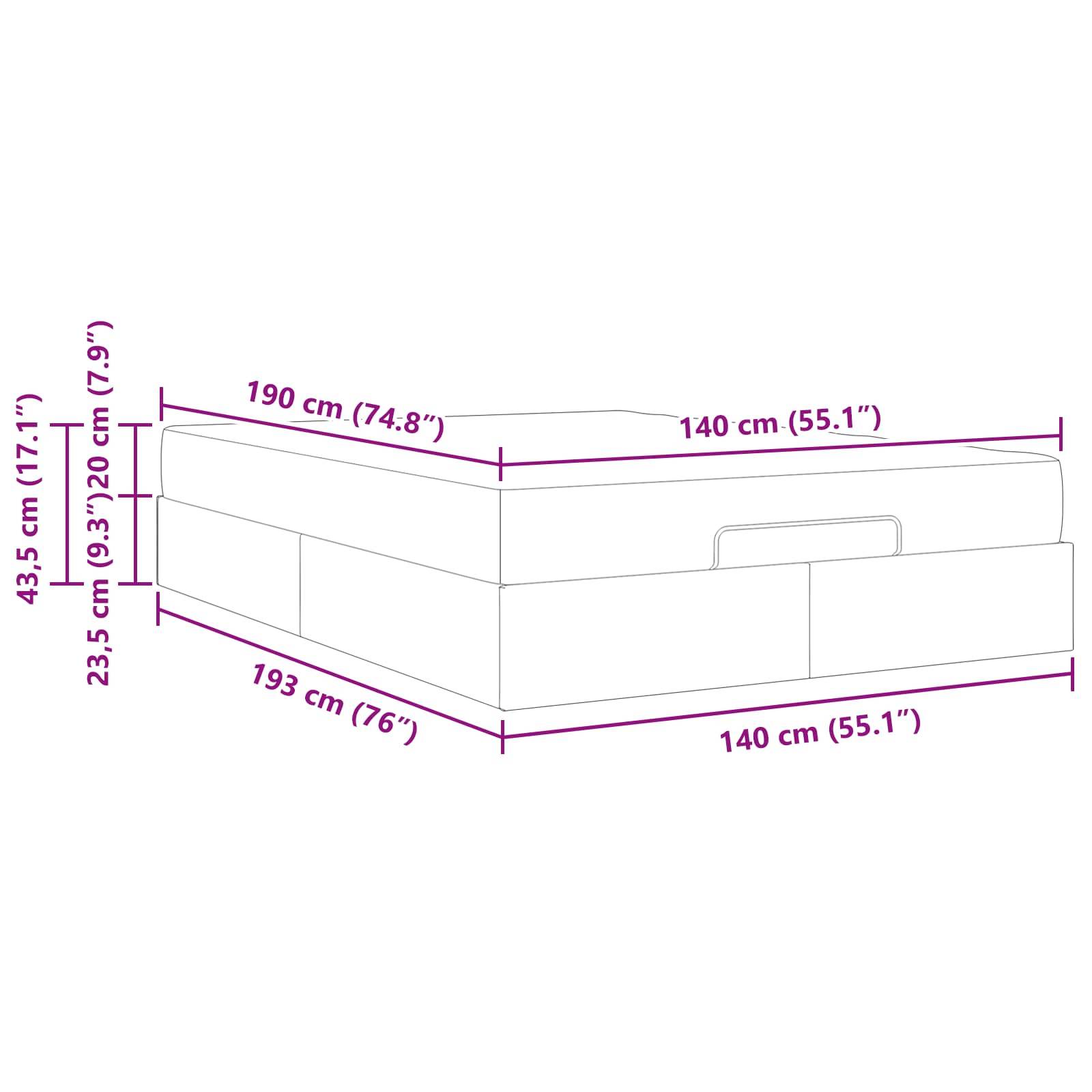 Darstellung eines Bettes mit Stauraum und Maßangaben: Länge 193 cm (76