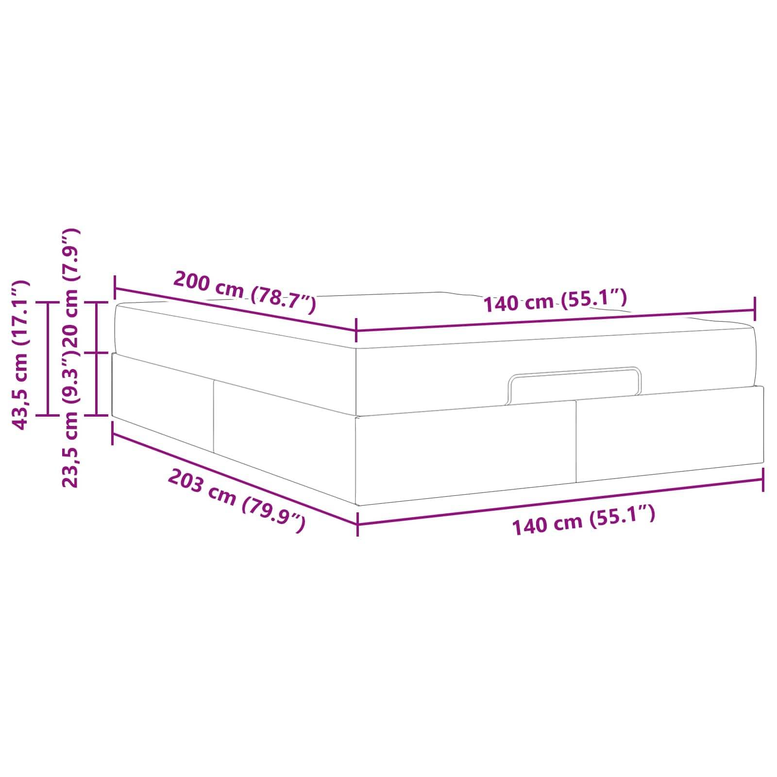 Diagramm einer rechteckigen Box mit Abmessungen: 200 cm x 140 cm x 43,5 cm. Zusätzliche Seitenmaße: 203 cm, 140 cm, 23,5 cm.