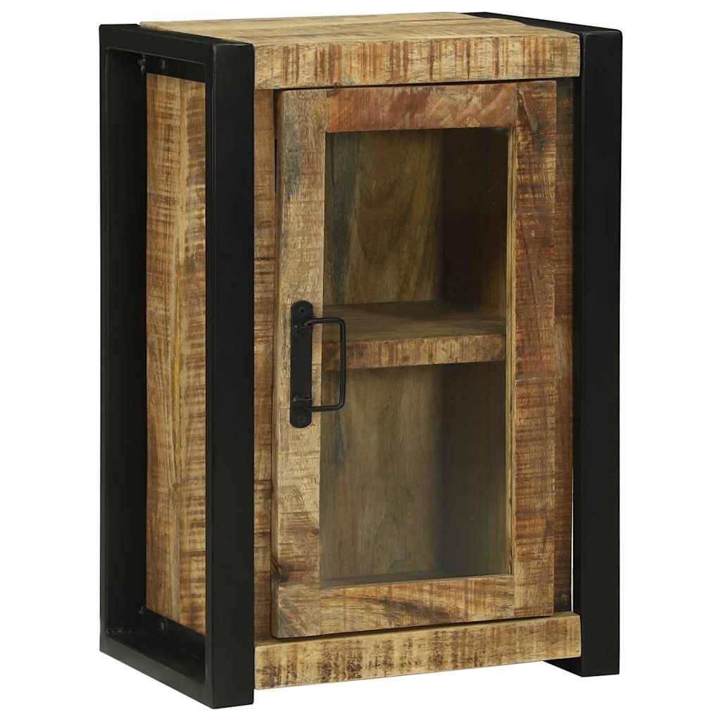 Ein kleiner, rustikaler Holzschrank mit Glastür und schwarzem Metallrahmen, ausgestattet mit einem einzelnen Regal im Inneren.