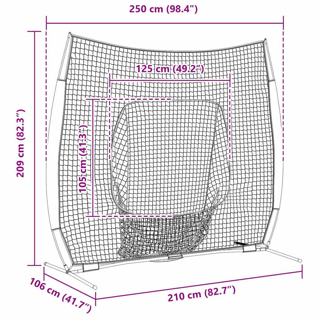 Baseball-Übungsnetz mit Abmessungen: 250 cm breit, 209 cm hoch, 210 cm tief. Die Zielmitte ist 125 cm breit und 105 cm hoch.