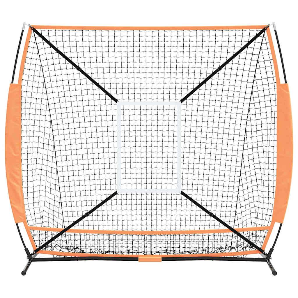 Ein tragbares Sportnetz mit orangefarbenem Rahmen und schwarzem Netz, das für Übungen in Sportarten wie Baseball oder Fußball konzipiert ist, vor einem weißen Hintergrund.