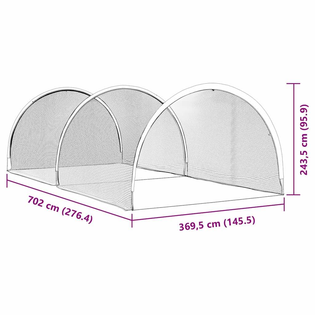 Ein Tragesystem mit gekrümmten Bögen, mit folgenden Abmessungen: Breite 702 cm (276,4 in), Höhe 243,5 cm (95,9 in), Tiefe 369,5 cm (145,5 in).