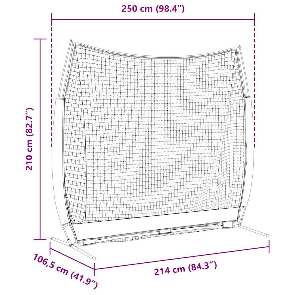 Eine Skizze eines gebogenen Sportnetzes mit Maßen: Breite 250 cm (98,4