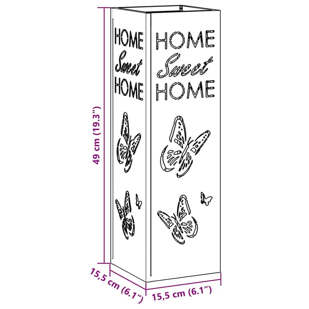 Hoher rechteckiger Lampenschirm mit 'Home Sweet Home'-Schriftzug und Schmetterlingsmustern auf seiner Oberfläche; Abmessungen: 49 cm hoch, 15,5 cm breit.