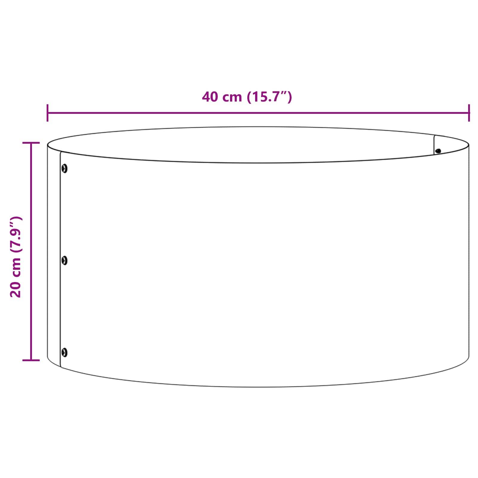 Zylindrisches Objekt-Diagramm mit Abmessungen: 40 cm (15,7 Zoll) breit, 20 cm (7,9 Zoll) hoch.