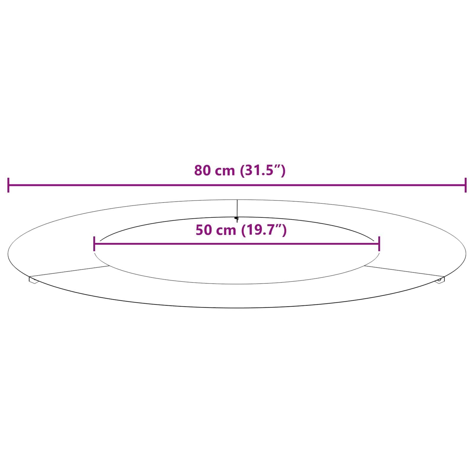 Diagramm eines ovalen Objekts mit zwei horizontalen Messungen: 80 cm (31,5 Zoll) äußere Breite, 50 cm (19,7 Zoll) innere Breite.