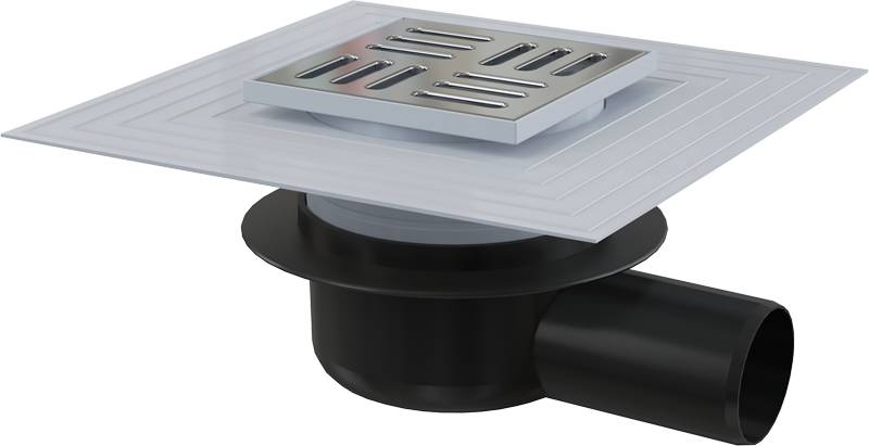 AlcaDrain Bodenablauf 105×105/50 mm mit einem waagrechten Abgang, Edelstahl Rost, Manschette-2. Abdichtung, Geruchsverschluss mit Klappe