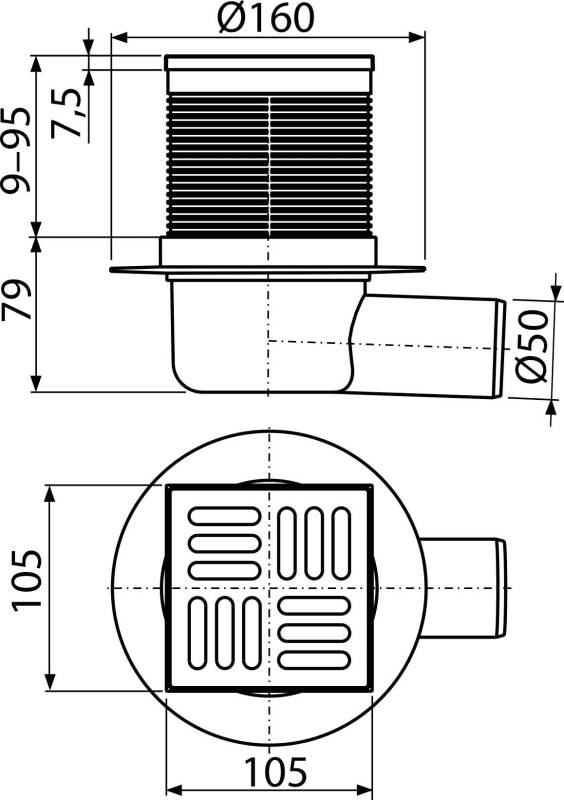 AlcaDrain Bodenablauf 105×105/50 mm mit einem waagrechten Abgang, Edelstahl Rost, Kombi-Geruchsverschluss SMART