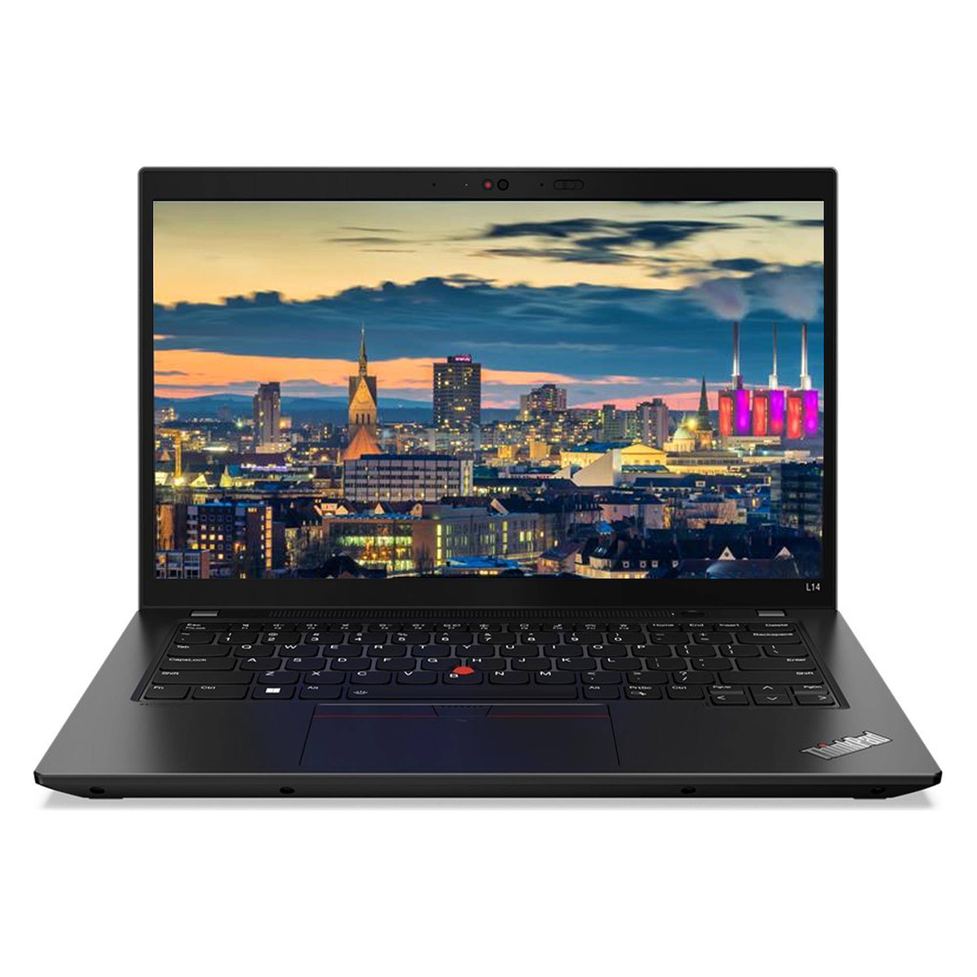 Schwarzer Lenovo ThinkPad-Laptop, der offen ist, mit einer Stadtkulisse bei Sonnenuntergang auf dem Bildschirm.