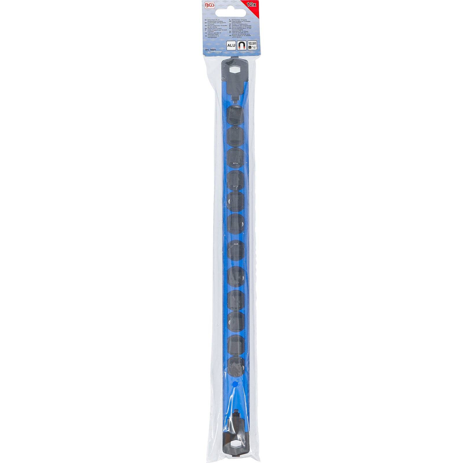 Ein blauer Kunststoff-Wandanker-Streifen mit vormontierten dunkelgrauen Ankern, verpackt in einer durchsichtigen Plastikfolie.