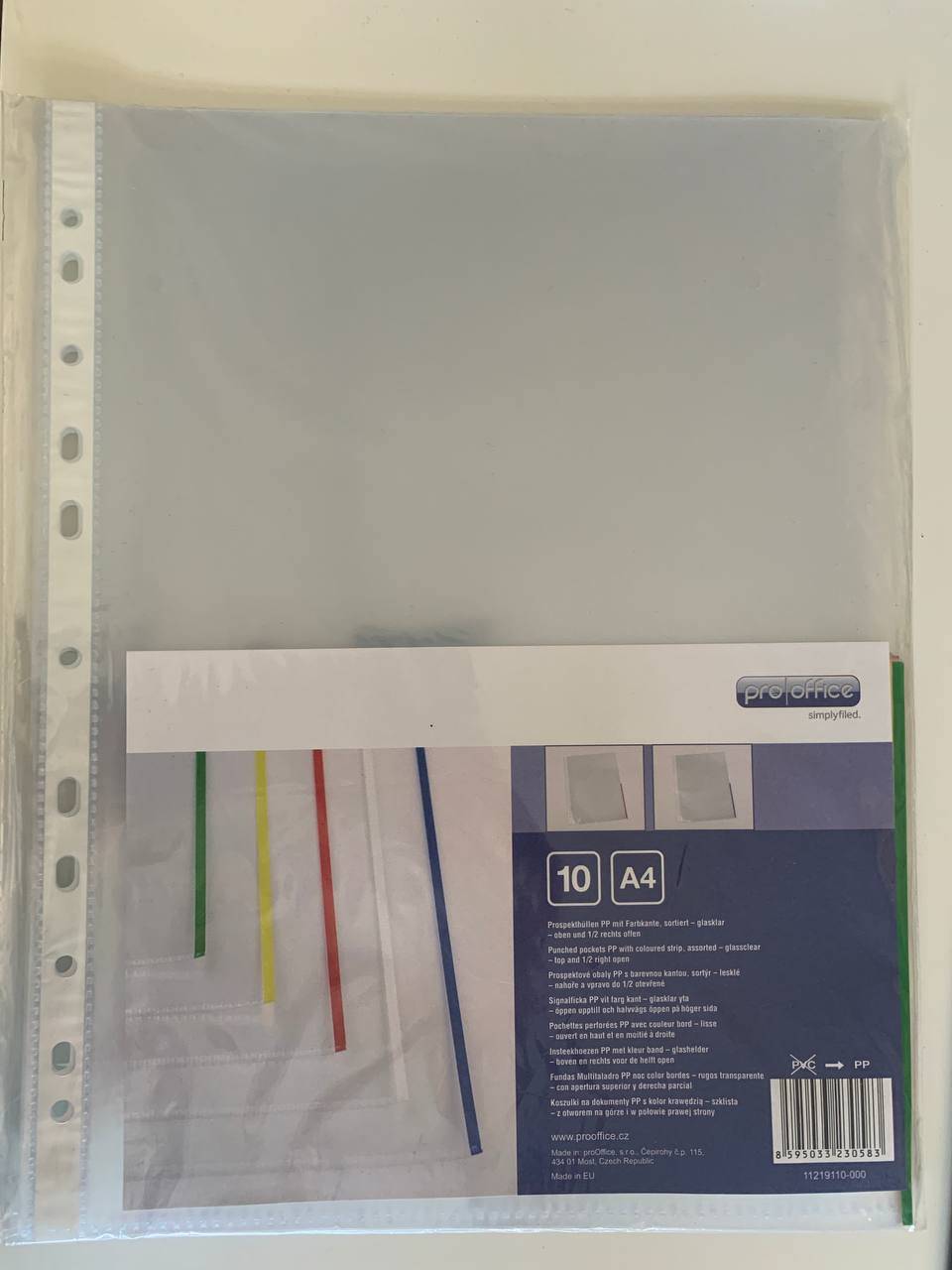 Prospekthüllen PP mit Farbkante sortiert glasklar oben 1/2 rechts offen 10 Stück