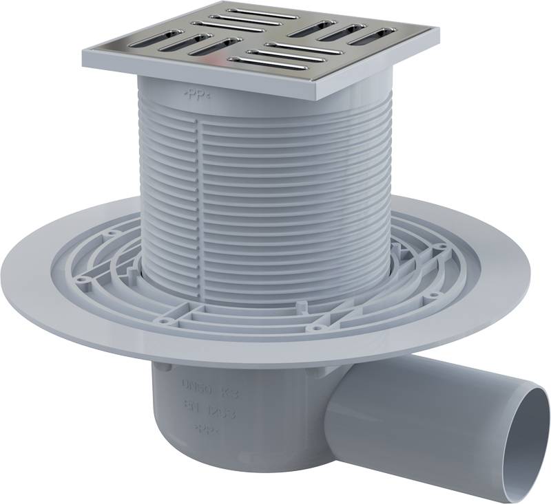 AlcaDrain Bodenablauf 105×105/50 mm mit einem waagrechten Abgang, Edelstahl Rost, Geruchsverschluss mit Sperrwasser