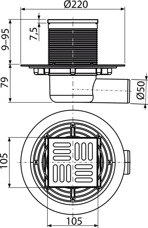 AlcaDrain Bodenablauf 105×105/50 mm mit einem waagrechten Abgang, Edelstahl Rost, Geruchsverschluss mit Sperrwasser