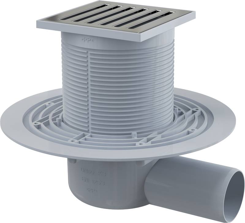 AlcaDrain Bodenablauf 105×105/50 mm mit einem waagrechten Abgang, Edelstahl Rost, Geruchsverschluss mit Sperrwasser