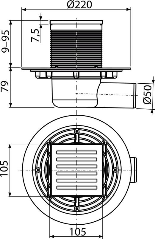AlcaDrain Bodenablauf 105×105/50 mm mit einem waagrechten Abgang, Edelstahl Rost, Geruchsverschluss mit Sperrwasser