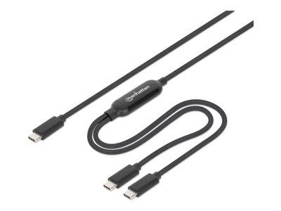 Schwarzes USB-C-Ladekabel mit einem Inline-Adapter und zwei USB-C-Anschlussenden auf weißem Hintergrund.