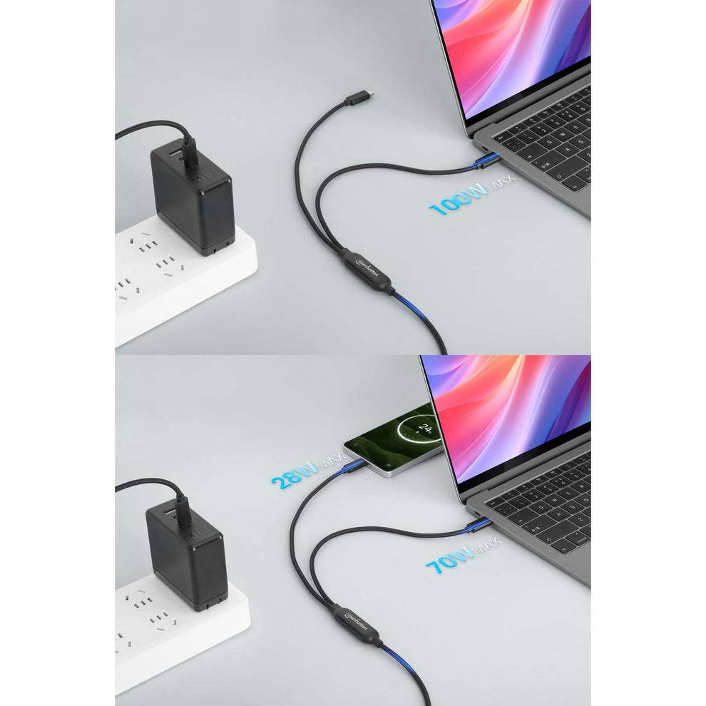 Zweiseitiges Bild, das ein USB-C-Ladekabel zeigt, das mit einem Laptop verbunden ist, wobei das untere Bedienfeld auch ein Smartphone lädt, beschriftet mit „100W