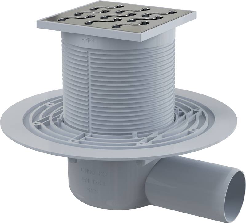 AlcaDrain Bodenablauf 105×105/50 mm mit einem waagrechten Abgang, Edelstahl Rost, Geruchsverschluss mit Sperrwasser