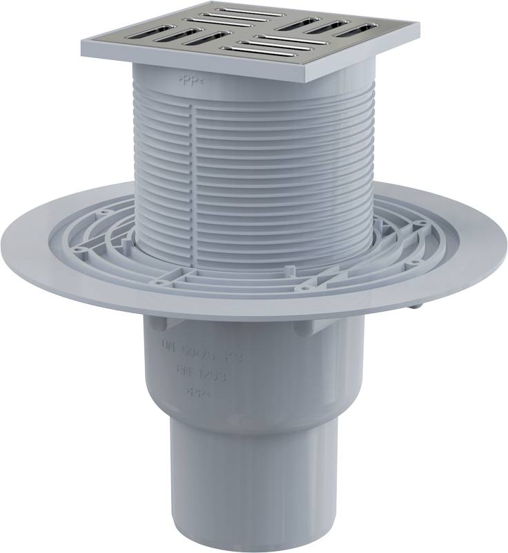 AlcaDrain Bodenablauf 105×105/50/75 mm mit einem senkrechten Abgang, Edelstahl Rost, Geruchsverschluss mit Sperrwasser