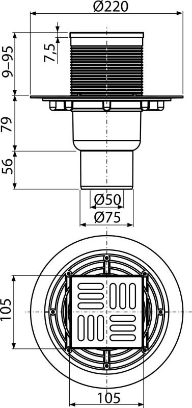 AlcaDrain Bodenablauf 105×105/50/75 mm mit einem senkrechten Abgang, Edelstahl Rost, Geruchsverschluss mit Sperrwasser