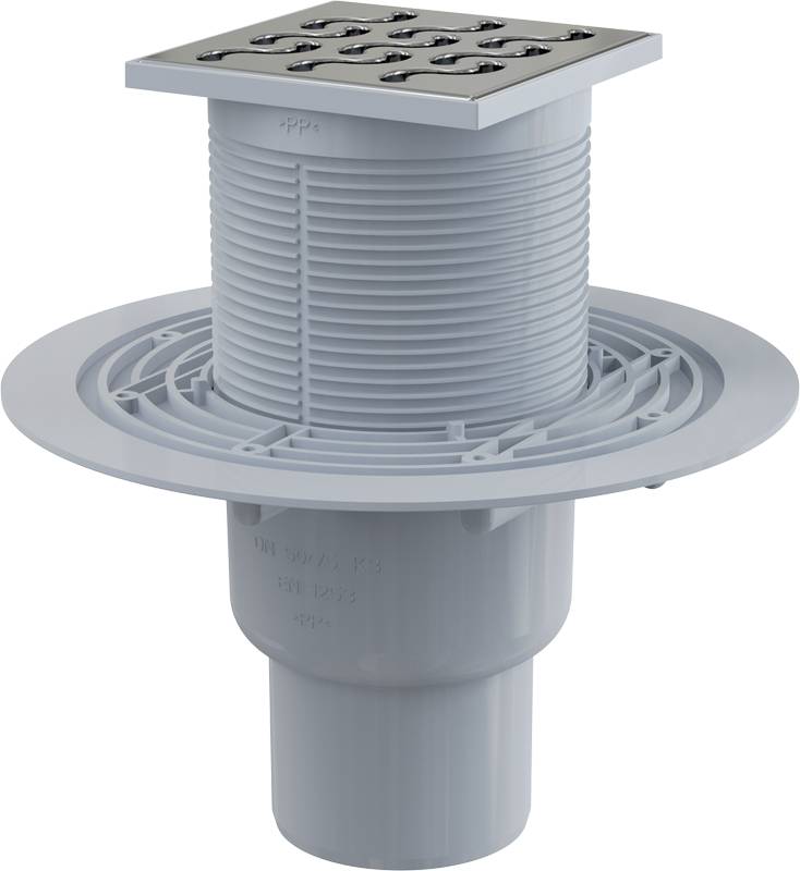 AlcaDrain Bodenablauf 105×105/50/75 mm mit einem senkrechten Abgang, Edelstahl Rost, Geruchsverschluss mit Sperrwasser