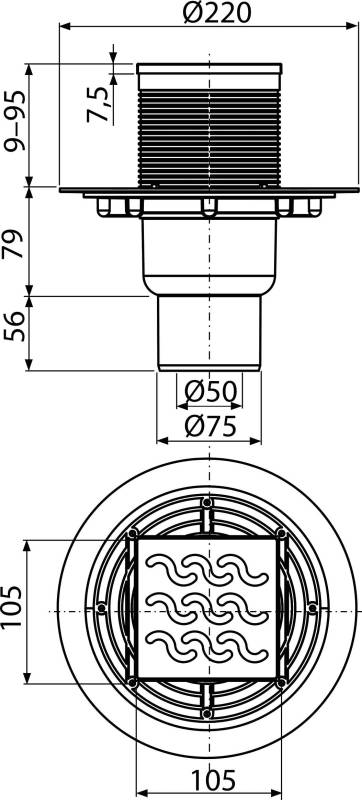 AlcaDrain Bodenablauf 105×105/50/75 mm mit einem senkrechten Abgang, Edelstahl Rost, Geruchsverschluss mit Sperrwasser