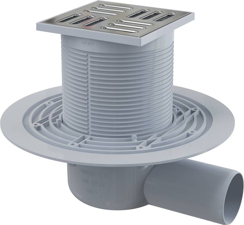 AlcaDrain Bodenablauf 105×105/50 mm mit einem waagrechten Abgang, Edelstahl Rost, Geruchsverschluss mit Sperrwasser