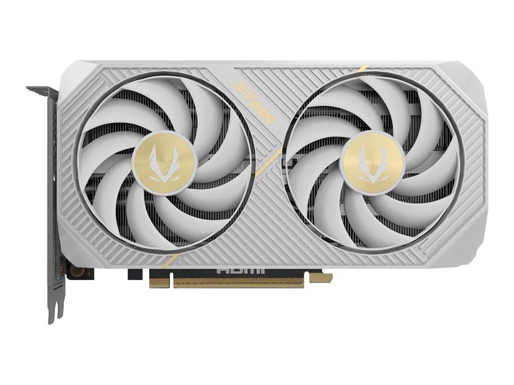 Weiße Grafikkarte mit zwei Lüftern, frontal dargestellt, mit sichtbarem PCIe-Bracket und HDMI-Anschluss.