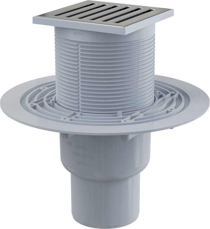 AlcaDrain Bodenablauf 105×105/50/75 mm mit einem senkrechten Abgang, Edelstahl Rost, Geruchsverschluss mit Sperrwasser