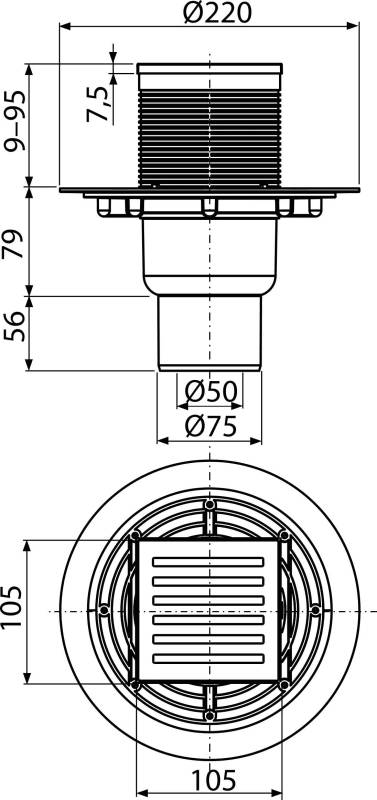 AlcaDrain Bodenablauf 105×105/50/75 mm mit einem senkrechten Abgang, Edelstahl Rost, Geruchsverschluss mit Sperrwasser