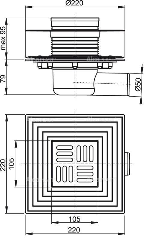 AlcaDrain Bodenablauf 105×105/50 mm mit einem waagrechten Abgang, Edelstahl Rost, Edelstahl-Dichtungflansch und Manschette-2. Abdichtung