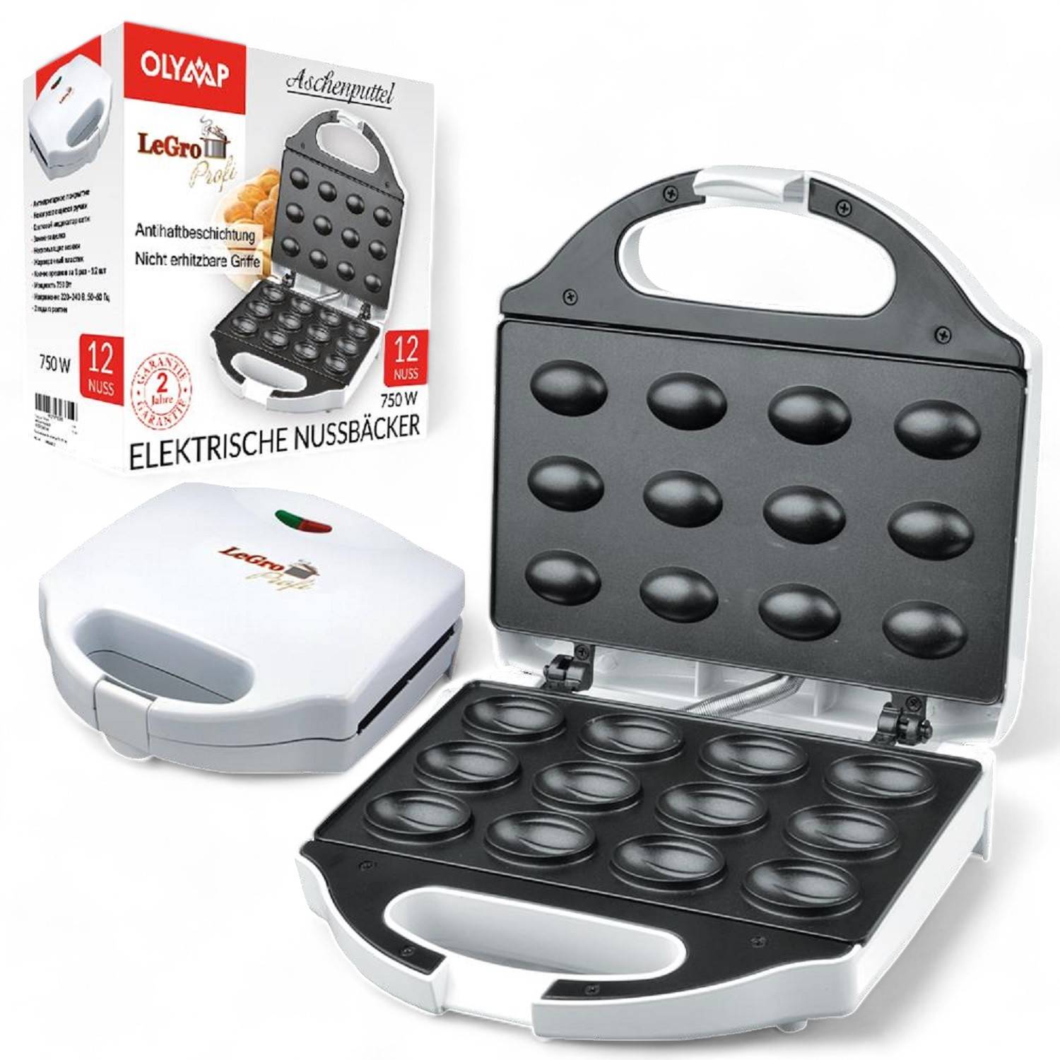 Nussbäcker Waffeleisen Backautomat Aschenputtel 12 Stück weiß mit Antihaftbeschichtung