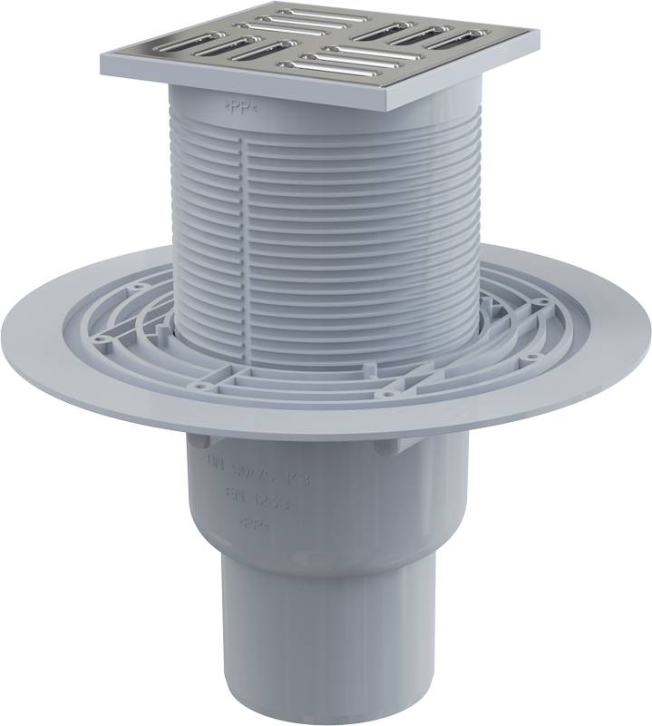 AlcaDrain Bodenablauf 105×105/50/75 mm mit einem senkrechten Abgang, Edelstahl Rost, Geruchsverschluss mit Sperrwasser