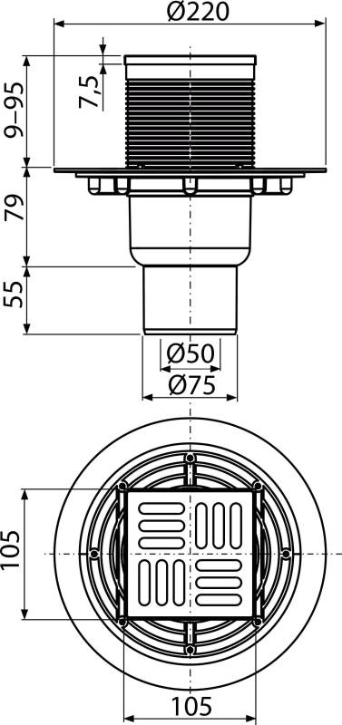 AlcaDrain Bodenablauf 105×105/50/75 mm mit einem senkrechten Abgang, Edelstahl Rost, Geruchsverschluss mit Sperrwasser
