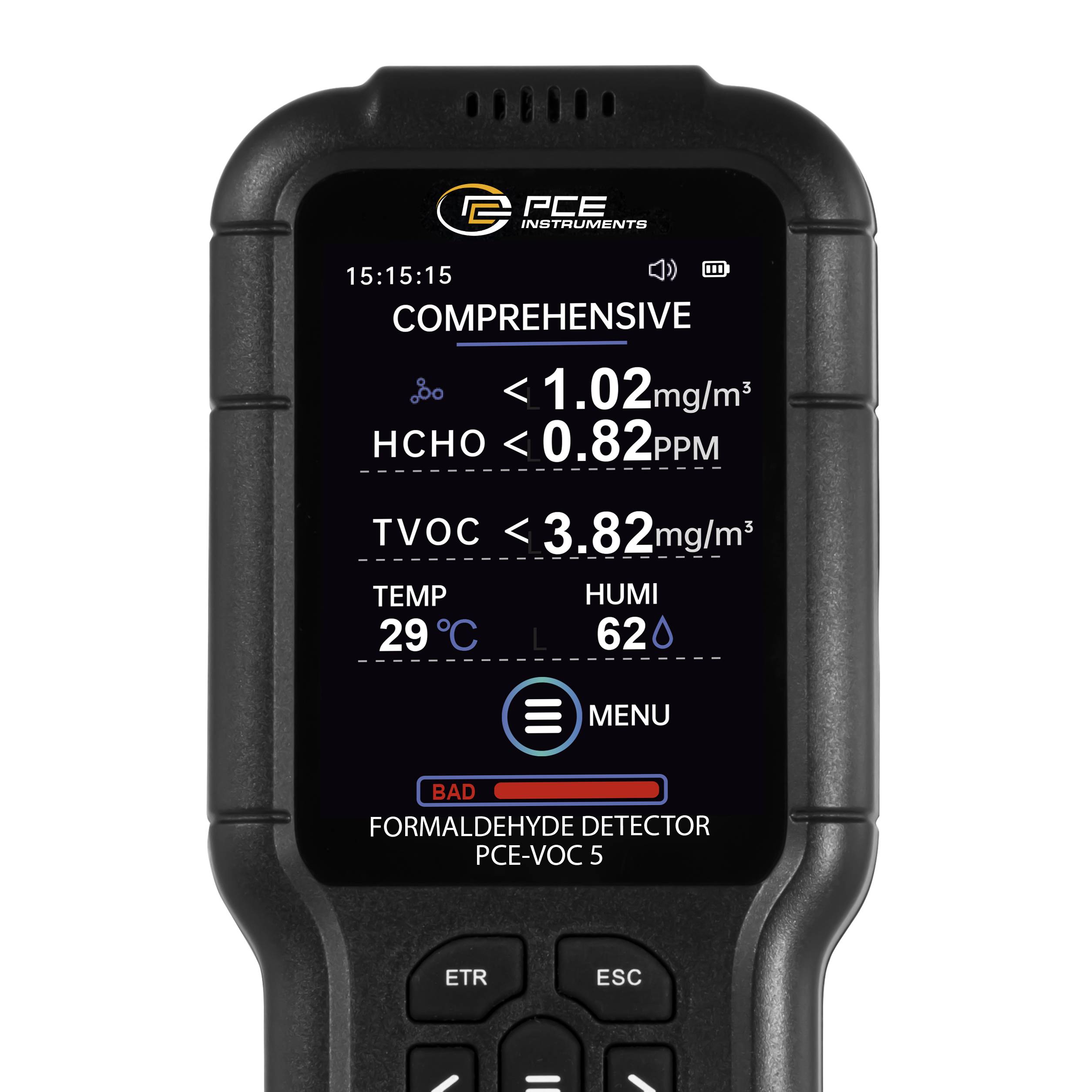 PCE Instruments Formaldehydmessgerät PCE-VOC 5 |HCHO 0 … 5 ppm / 0 … 6,25 mg/m³ |TVOC 0 … 10 mg/m³ |Temperatur 0 … 50 °C