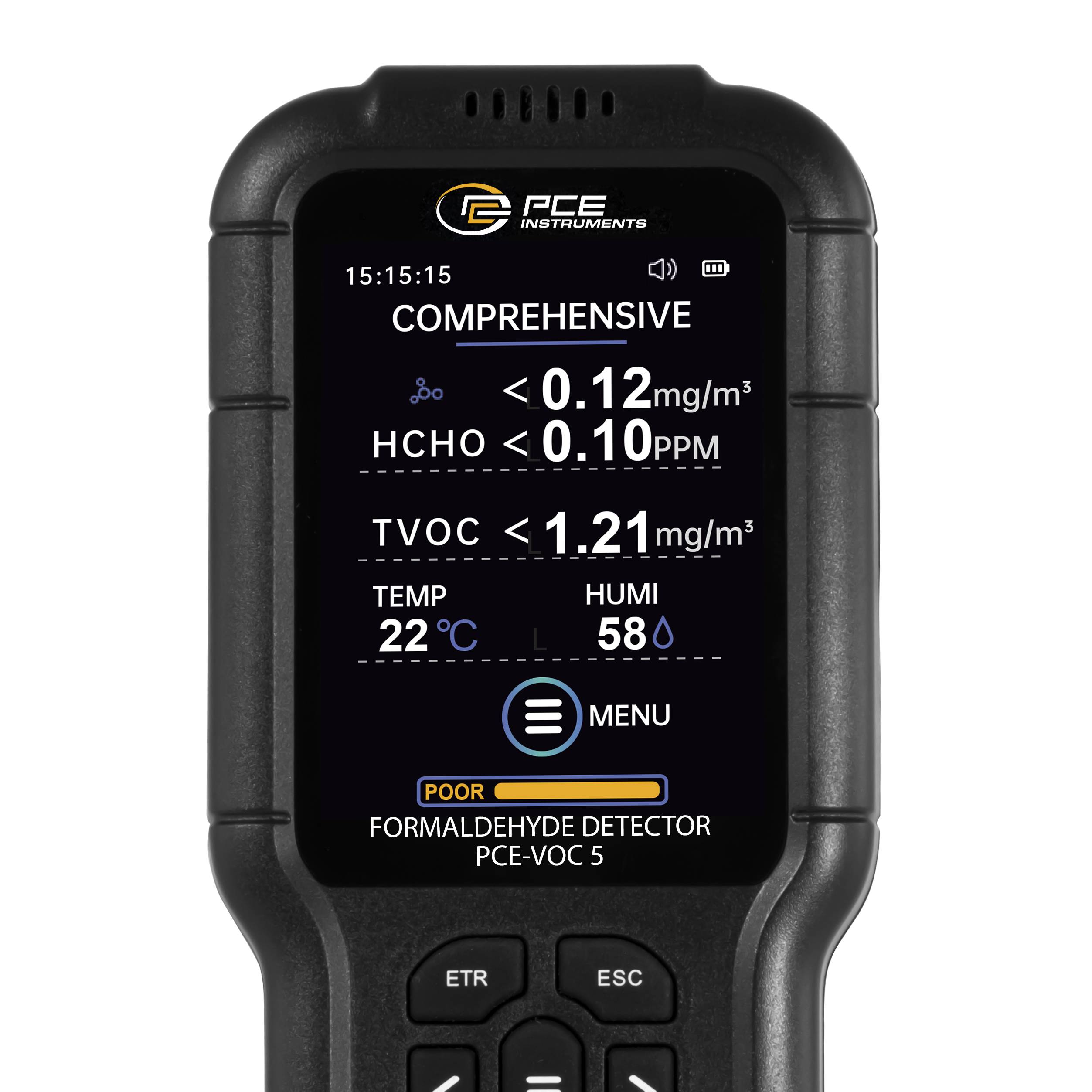 PCE Instruments Formaldehydmessgerät PCE-VOC 5 |HCHO 0 … 5 ppm / 0 … 6,25 mg/m³ |TVOC 0 … 10 mg/m³ |Temperatur 0 … 50 °C