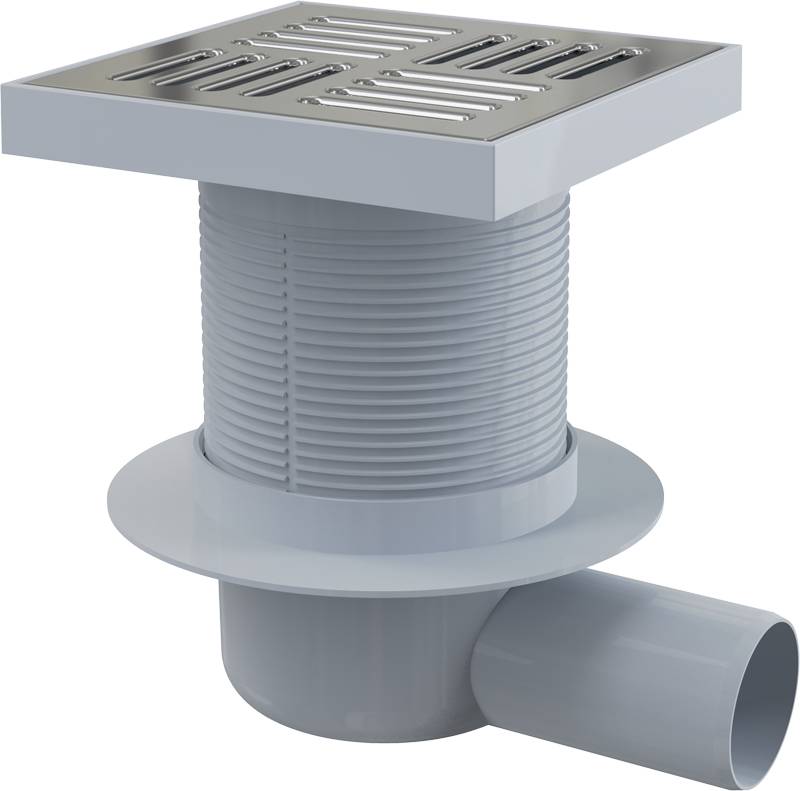 AlcaDrain Bodenablauf 150×150/50 mm mit einem waagrechten Abgang, Edelstahl Rost, Geruchsverschluss mit Sperrwasser