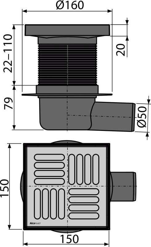 AlcaDrain Bodenablauf 150×150/50 mm mit einem waagrechten Abgang, Edelstahl Rost, Geruchsverschluss mit Sperrwasser
