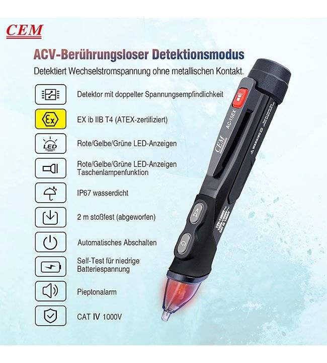 CEM AC-15 VoltAlert Berührungsloser Spannungsprüfer, AC 12–1000 V or 100-1000V, Akustischer Signalton, 2 Jahre Garantie CAT IV-Sicherheit mit ATE