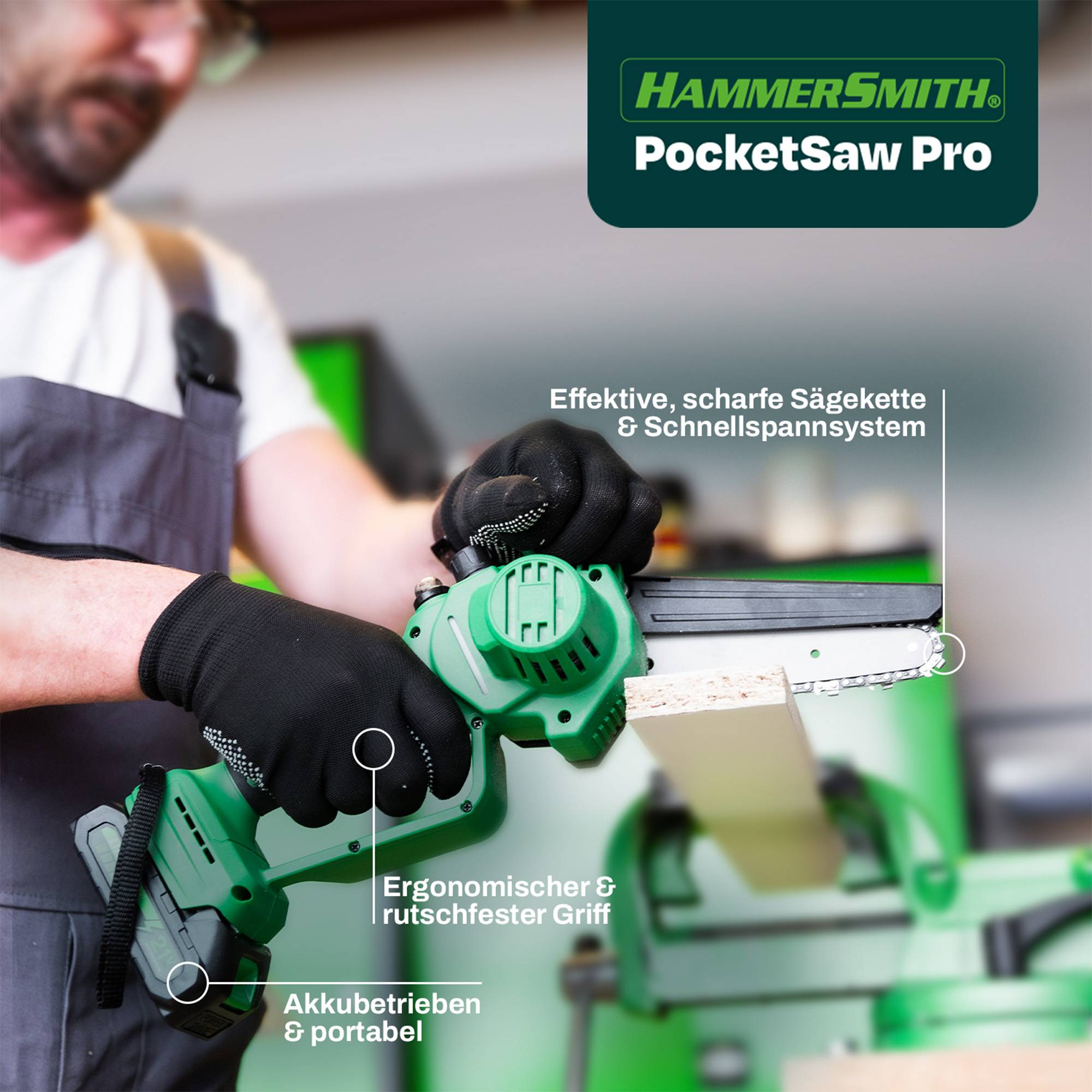 Hammersmith PocketSaw Pro - Das Original aus dem TV - Akku-Mini-Kettensäge inkl. Zubehör - Handkettensäge - wechselbare Sägekette - 20V Lithium-Io