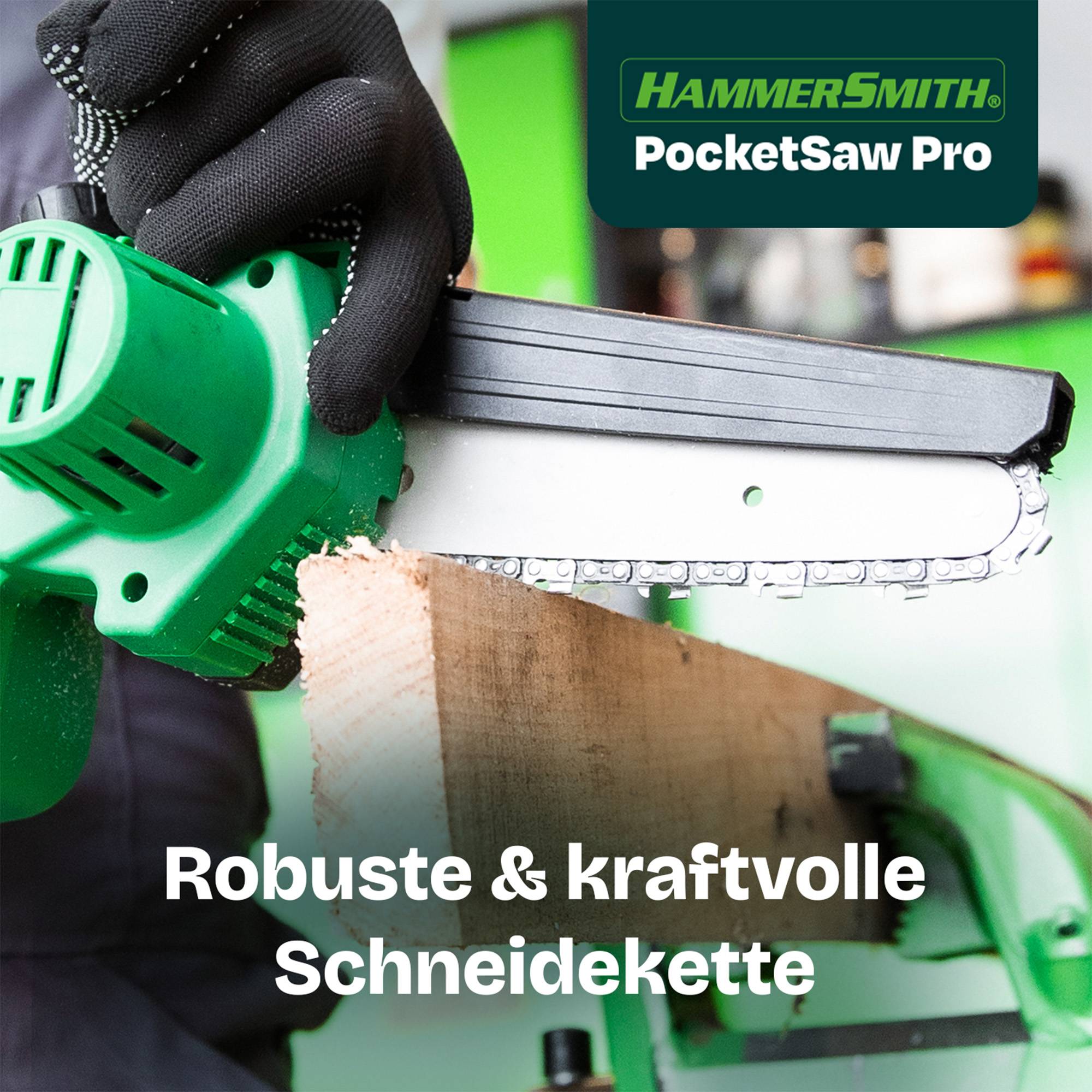 Hammersmith PocketSaw Pro - Das Original aus dem TV - Akku-Mini-Kettensäge inkl. Zubehör - Handkettensäge - wechselbare Sägekette - 20V Lithium-Io