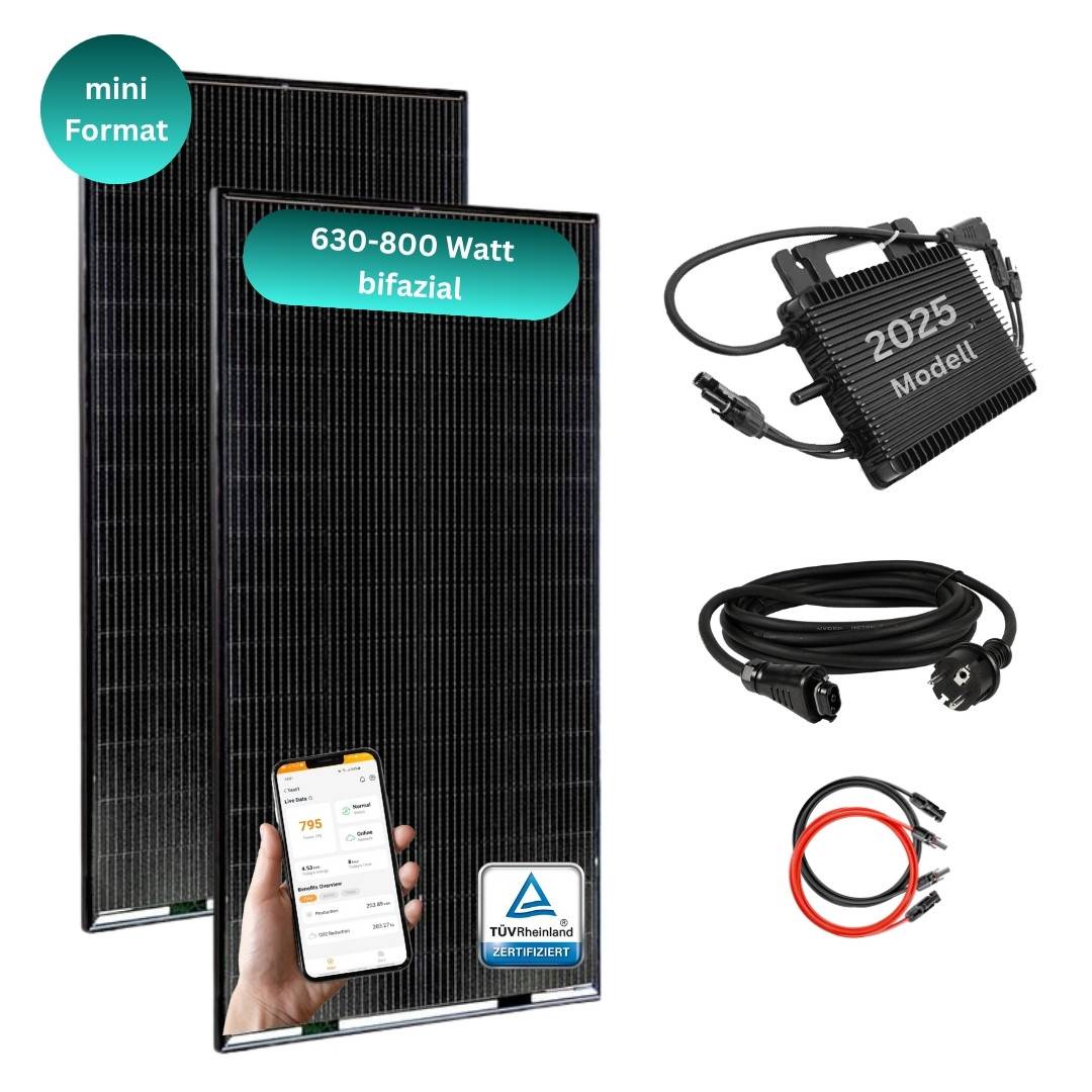 MyVoltaics® Balkonkraftwerk MyBasic 630 Watt Mini-Format 1,65m x 0,88m 2x 315 Watt Glas-Module, bifazial, WLAN Wechselrichter, 5m