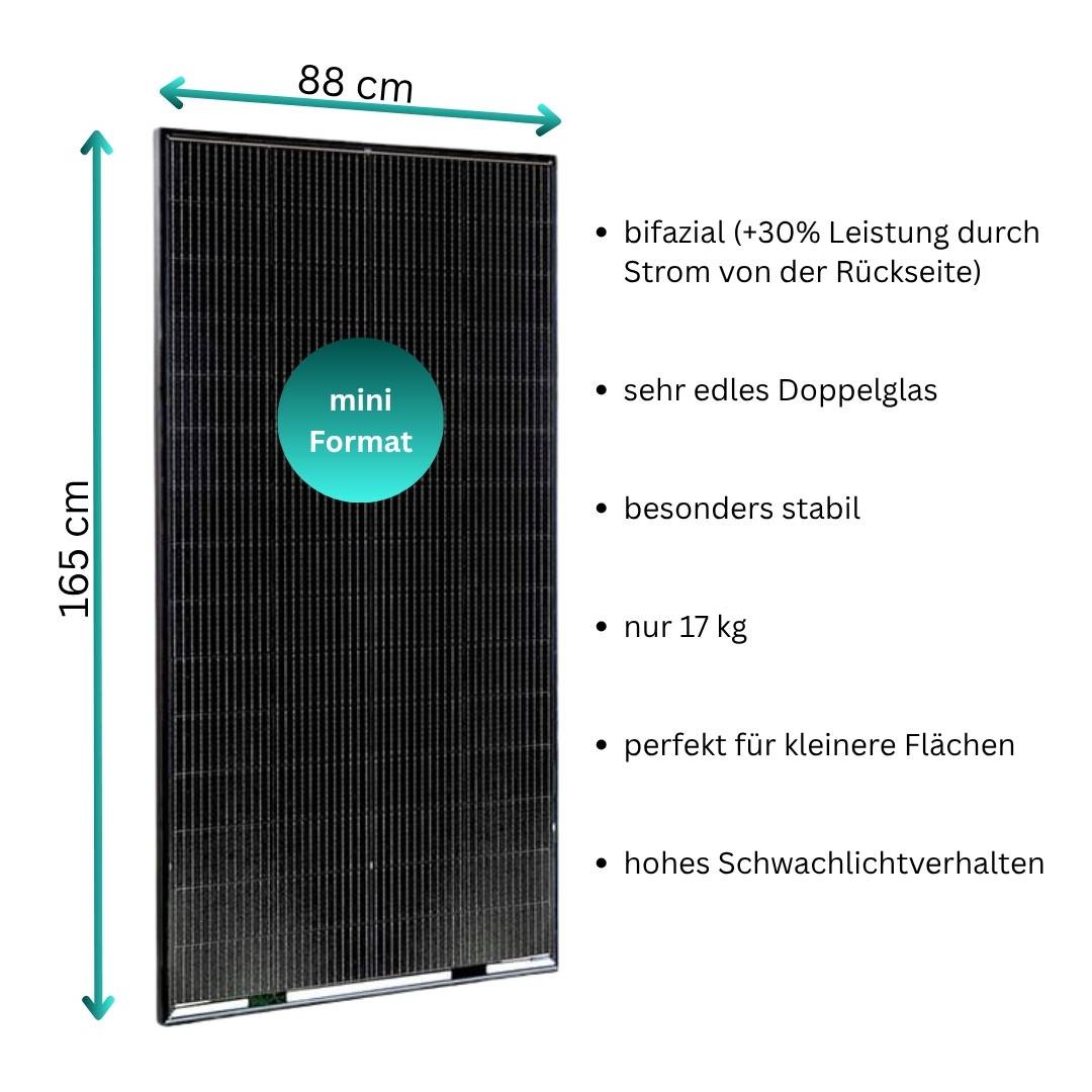 MYVOLTAICS Balkonkraftwerk MyBasic 1260+ Watt Mini-Format (1,65m x 0,88m) 4x 315+ Watt Glas-Module, bifazial, WLAN Wechselrichter, 10m