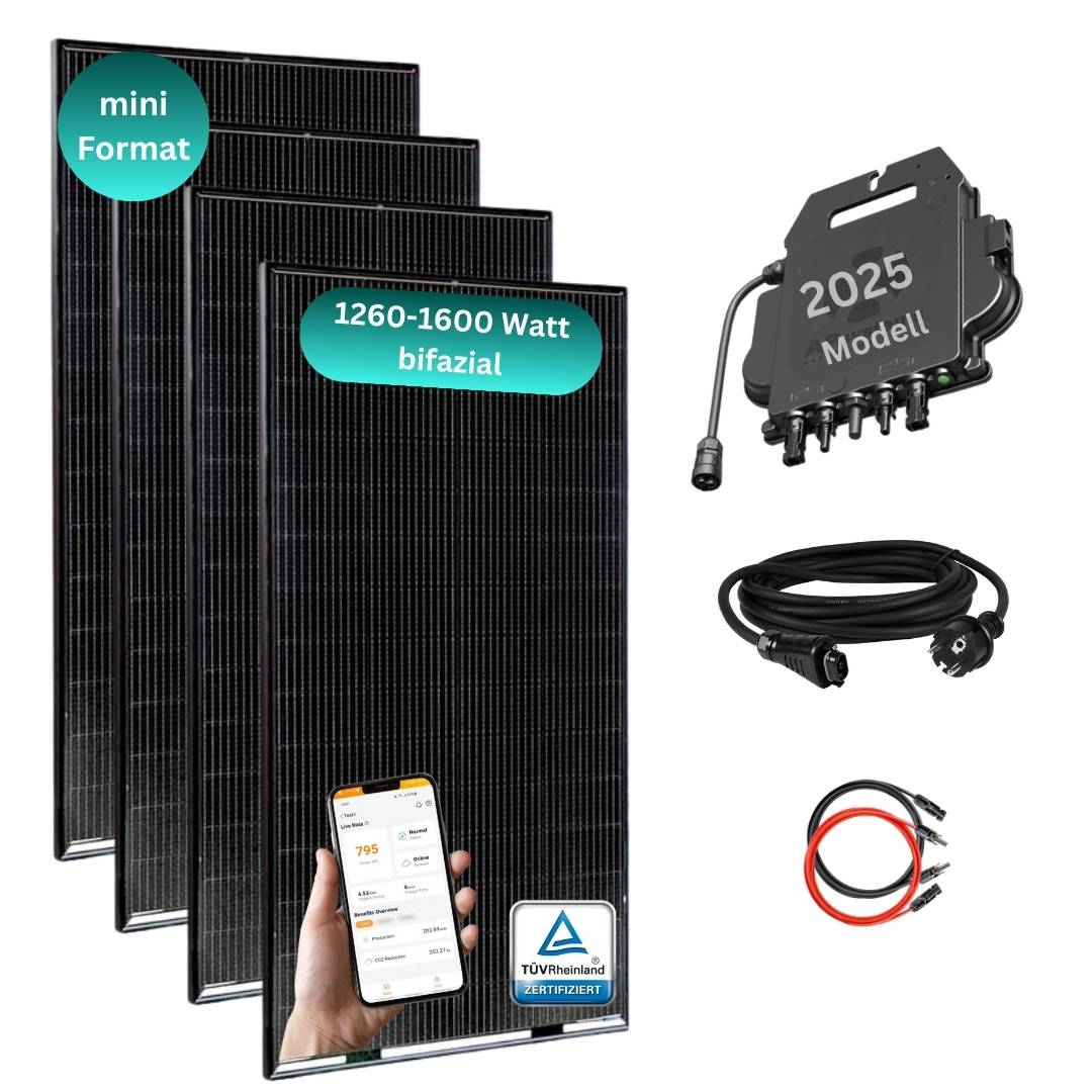 MYVOLTAICS Balkonkraftwerk MyBasic 1260+ Watt Mini-Format (1,65m x 0,88m) 4x 315+ Watt Glas-Module, bifazial, WLAN Wechselrichter, 10m