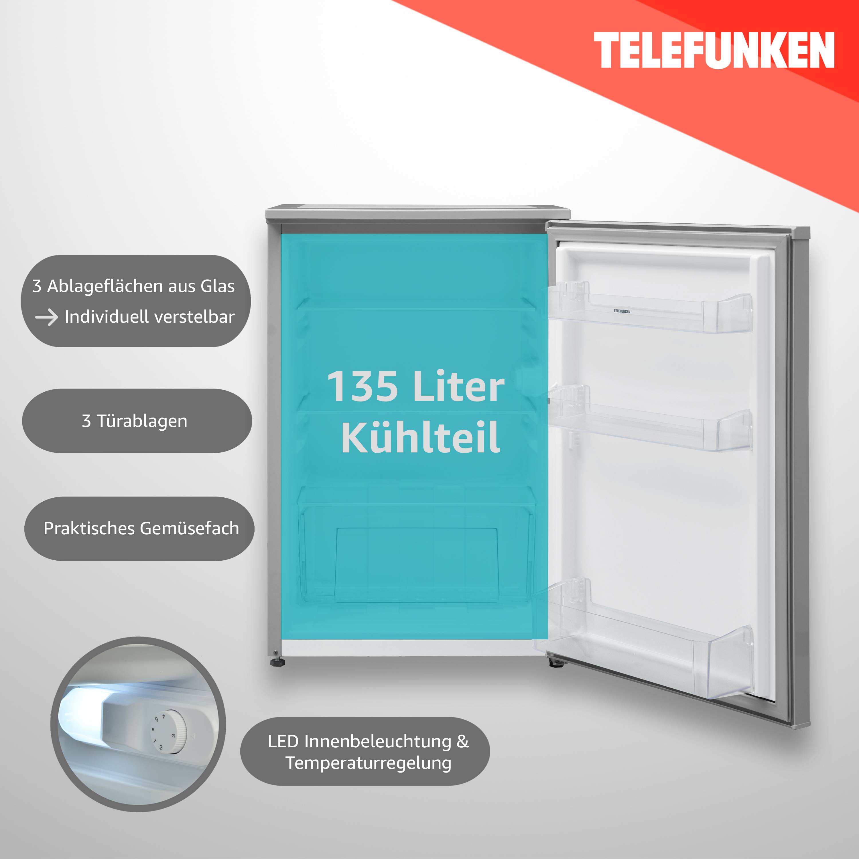 Telefunken Kühlschrank ohne Gefrierfach freistehend | 135 Liter | Kühlschrank klein mit Gemüsefach | C-135-100-S silber