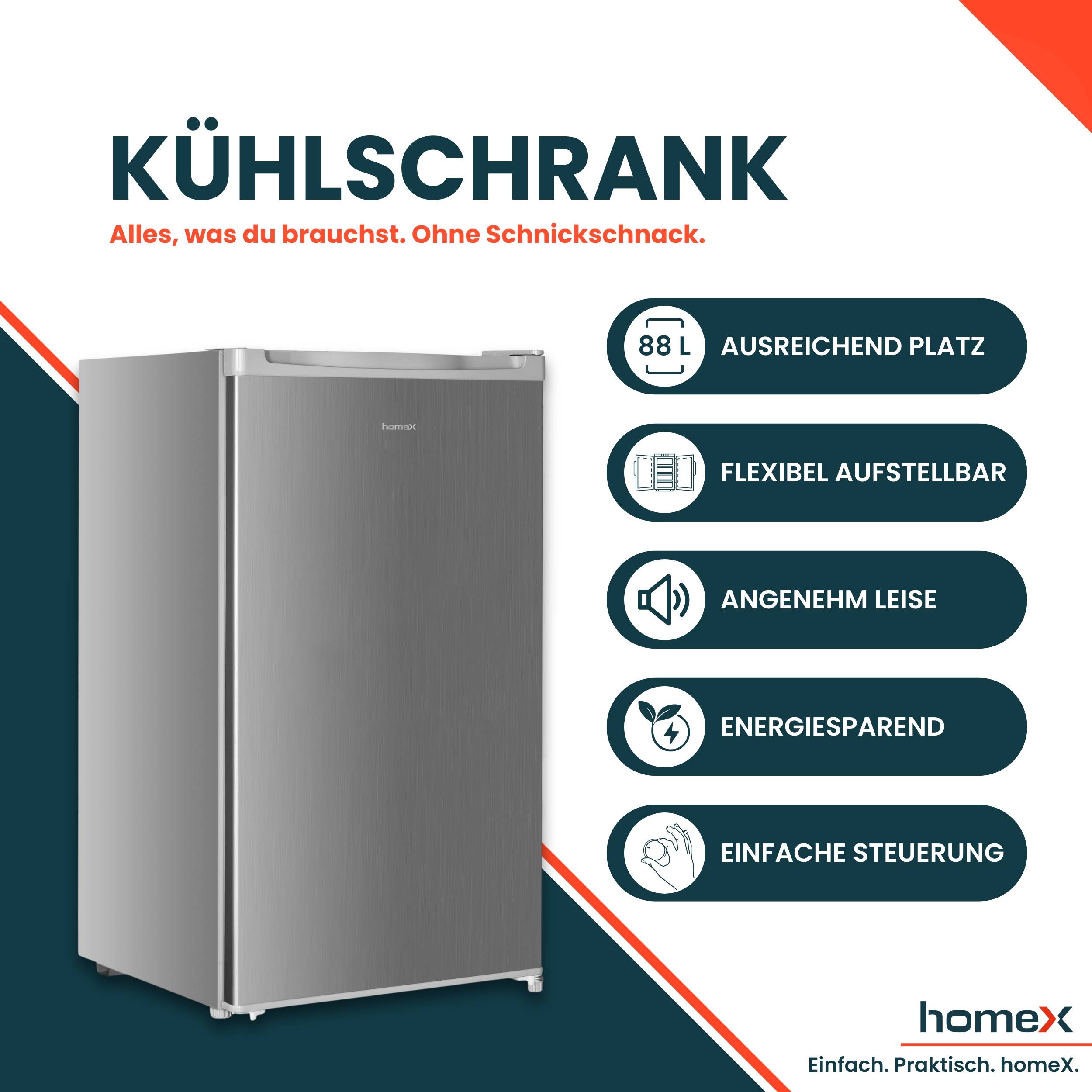 homeX Kühlschrank ohne Gefrierfach, Vollraumkühlschrank klein - 88 Liter, Tischkühlschrank freistehend, silber, CS1016-S