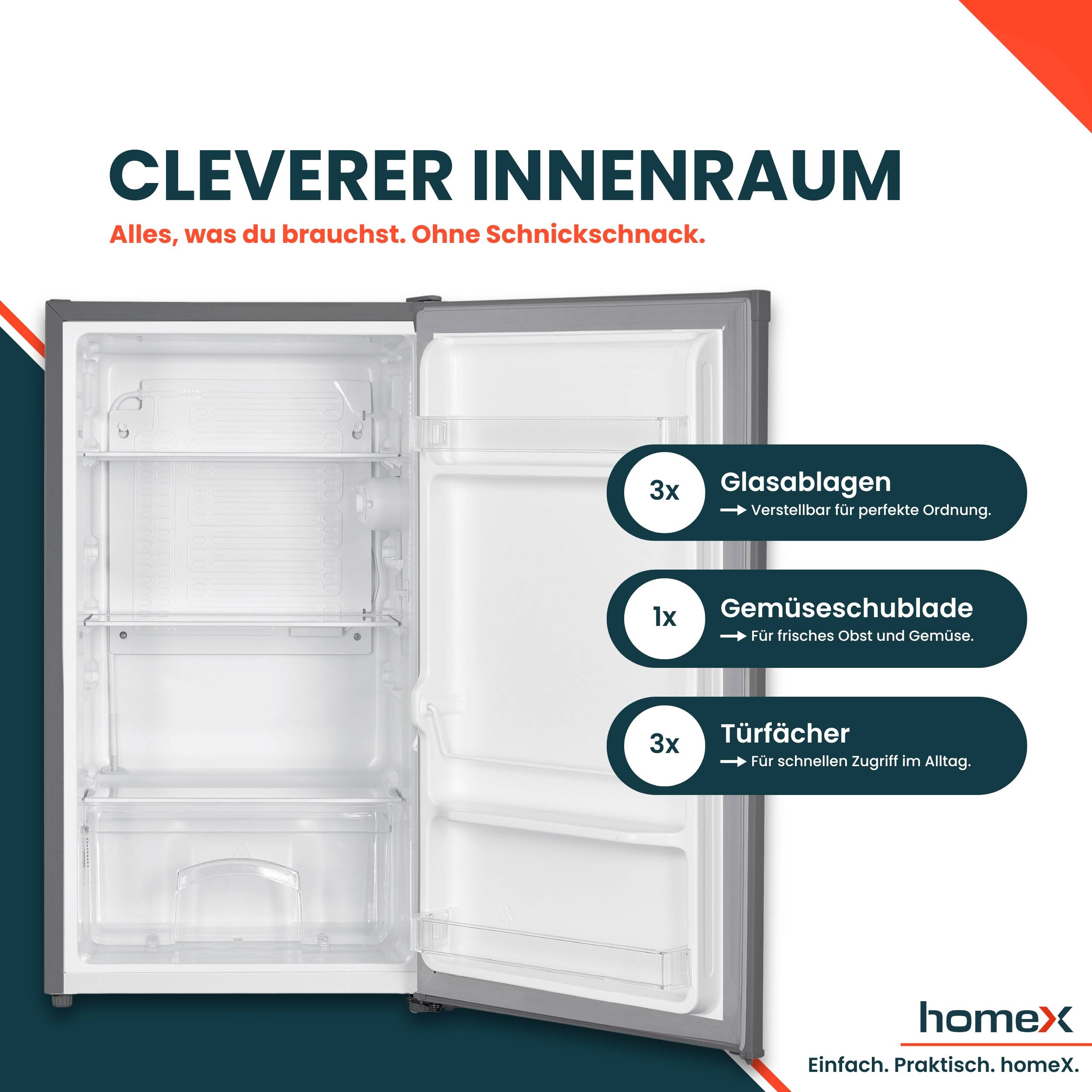 homeX Kühlschrank ohne Gefrierfach, Vollraumkühlschrank klein - 88 Liter, Tischkühlschrank freistehend, silber, CS1016-S